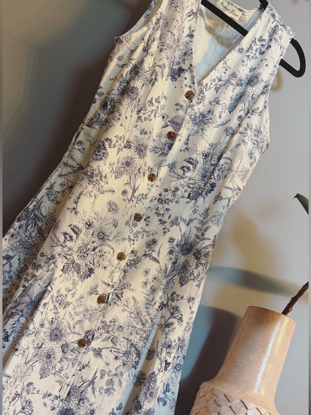 Blue Toile Botanical Print Button Front Midi Dress Large Cottagecore